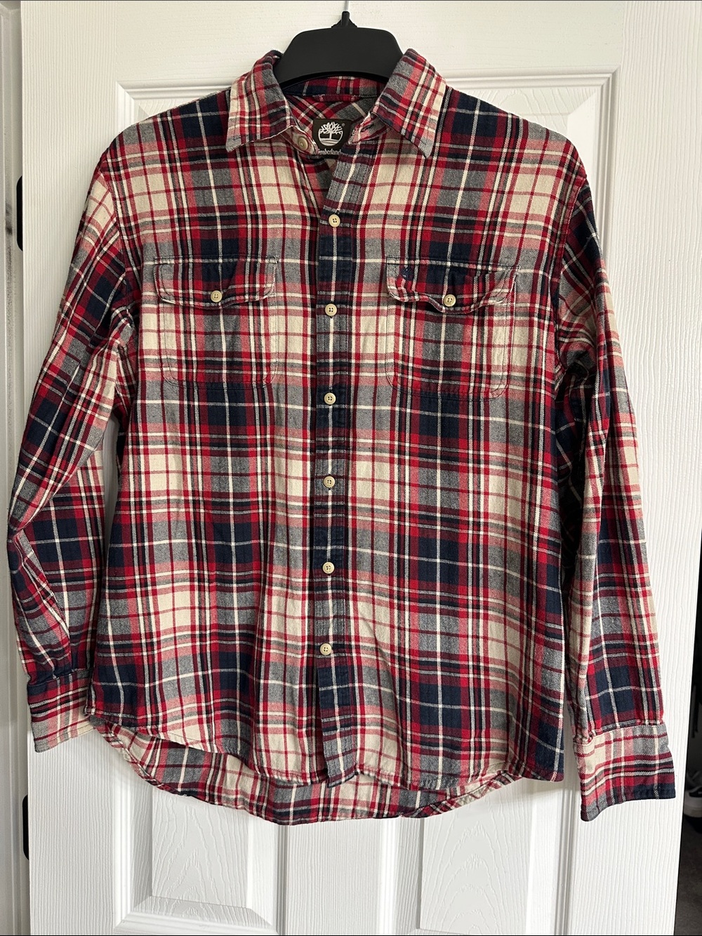 Timberland Red, Navy & White Plaid Button-Down Flannel Shirt